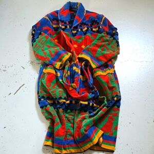 Vintage 1990s Southwest Geometric Aztec Terry Cloth Robe Cypress By Juana Berber